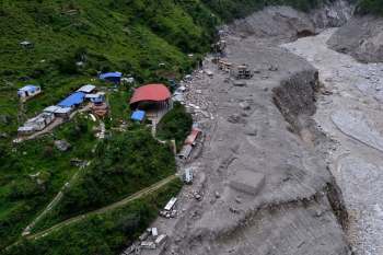 An aerial shot of the aftermath of the mountain and glacial collapse on the China-Nepal border