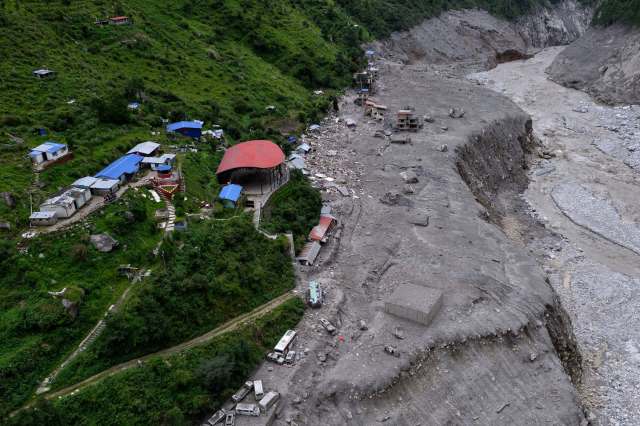 An aerial shot of the aftermath of the mountain and glacial collapse on the China-Nepal border