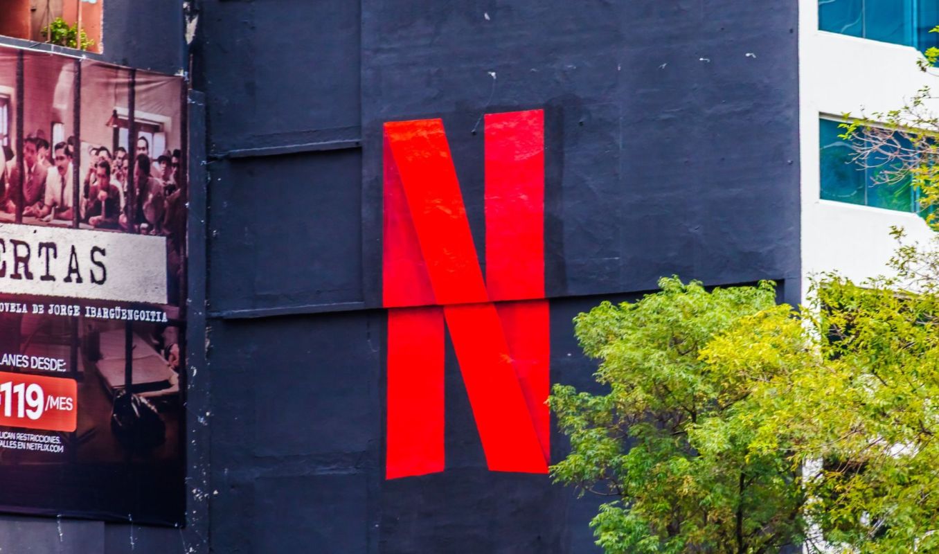 The Netflix logo on a building.