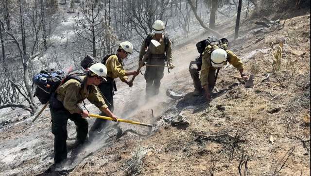 Firefighters work to extinguish hot spots in a burned area, using tools to clear debris and monitor the site.