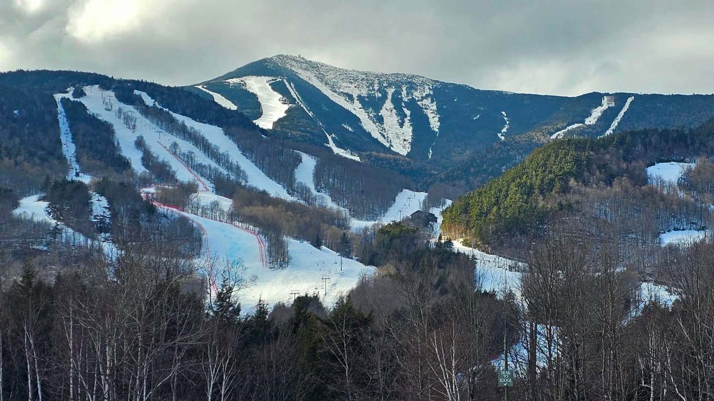 Ski trails and a forested mountain landscape covered in snow under a cloudy sky.