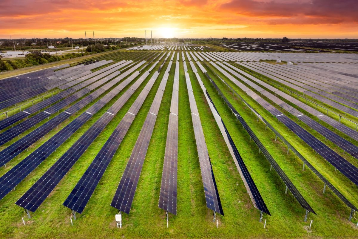 A solar panel farm with multiple rows of solar panels under a colorful sunset sky.