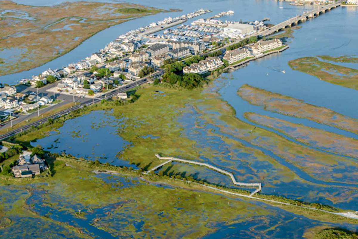 Aerial view of a coastal area with marshland, roads, and buildings alongside a marina.