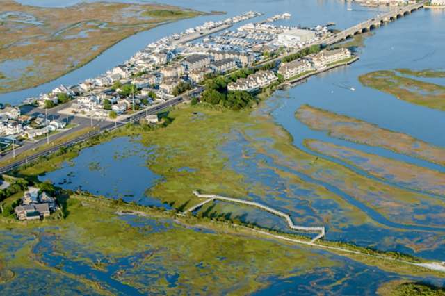 Aerial view of a coastal area with marshland, roads, and buildings alongside a marina.