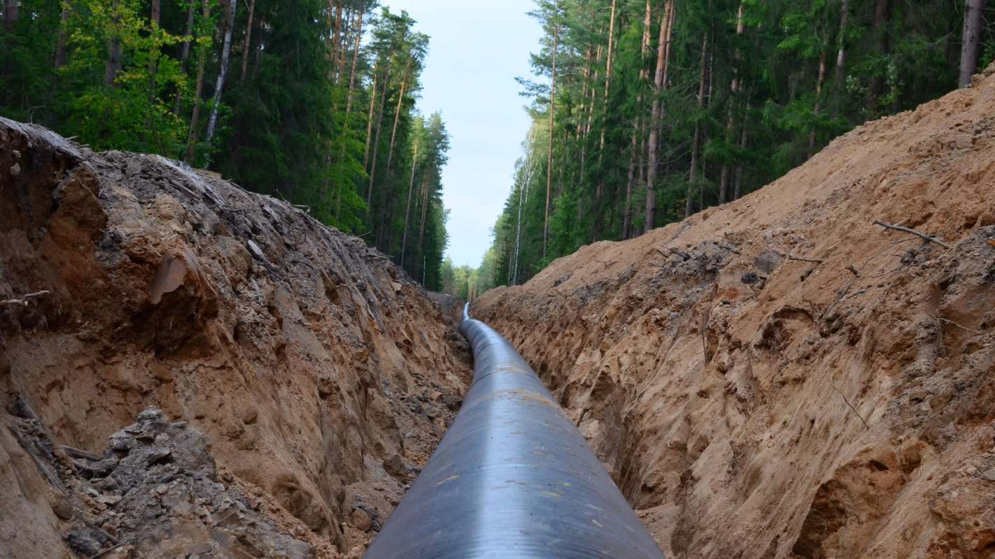 A pipeline runs through a trench lined with soil, surrounded by a forest of tall trees.