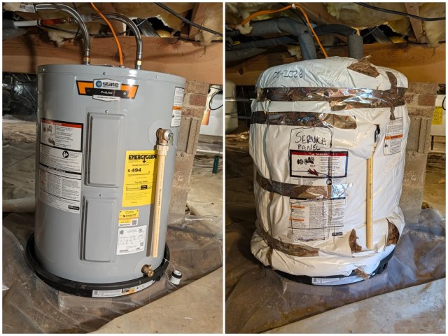 A side-by-side comparison of a water heater with and without an insulation jacket.