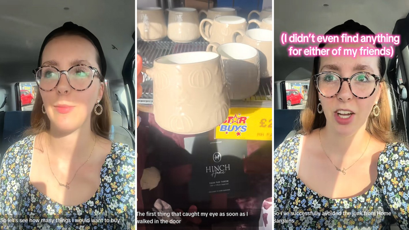 A woman talks in a car, holding a decorative mug while discussing shopping finds.