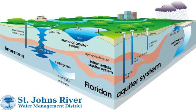 A diagram illustrating the aquifer system, water table, and related features of the St. Johns River area.