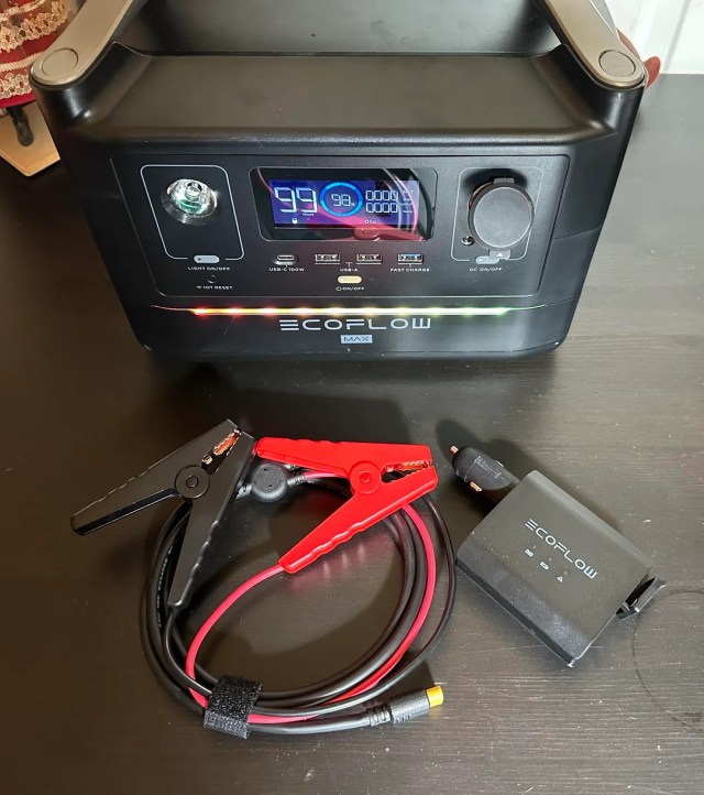 An EcoFlow battery with jumper cables.