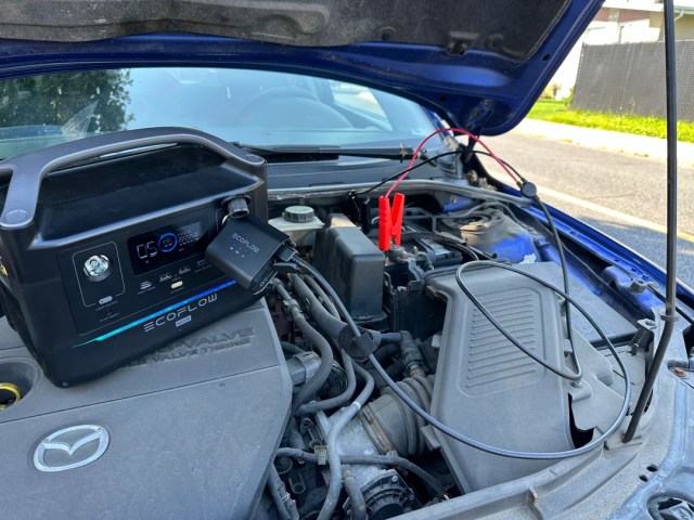 An EcoFlow battery hooked up to a car engine.