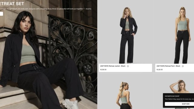 A woman in a black outfit sits on steps beside a decorative railing, showcasing a clothing set.