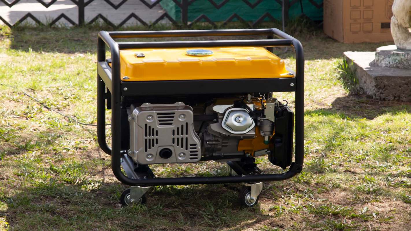 A portable generator on wheels with a yellow top and metal housing, placed on grass.