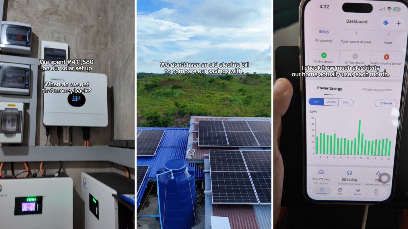 Images of a solar power setup including an inverter, solar panels, and a smartphone displaying energy usage data.