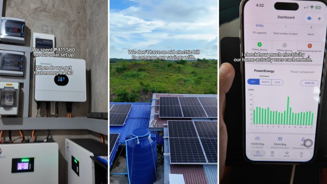 Images of a solar power setup including an inverter, solar panels, and a smartphone displaying energy usage data.