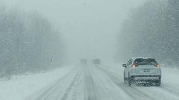 A snowy road with two vehicles driving through heavy snowfall.