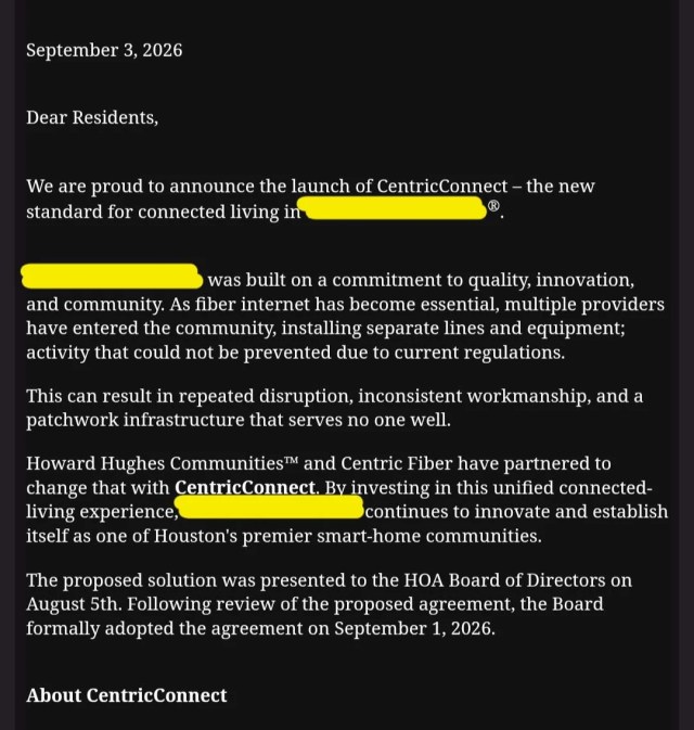 A screenshot of a message explaining the introduction of a new internet service in an HOA.