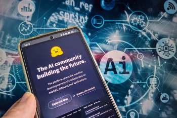 A smartphone displaying a webpage about an AI community in front of a graphic background featuring technology icons.
