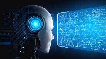A robotic head examines a digital display filled with scientific equations and diagrams.