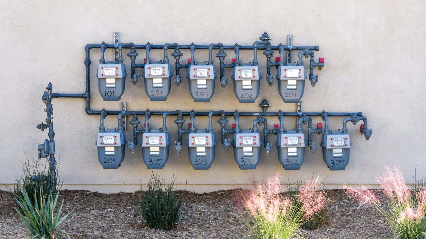 A wall display of multiple gas meters and piping, labeled with numbers.
