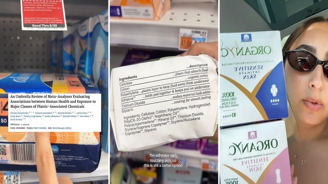 A person holds two boxes of organic cotton feminine pads, with ingredient information visible on the packaging.