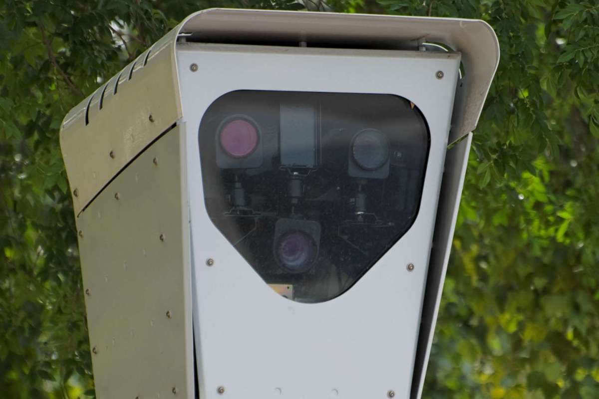 A traffic camera mounted on a pole surrounded by green foliage.