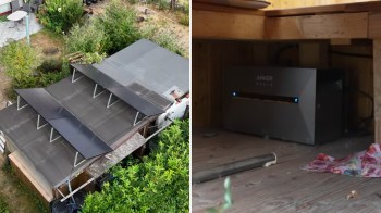 A rooftop with solar panels above a garden and an Anker power station under a table.