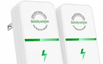 Two electricity-saving devices with green accents and labels promoting energy efficiency.