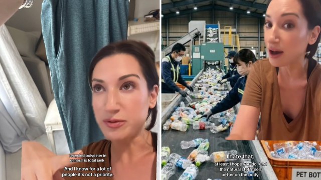 A woman gestures while discussing recycled polyester, with text highlighting her points.