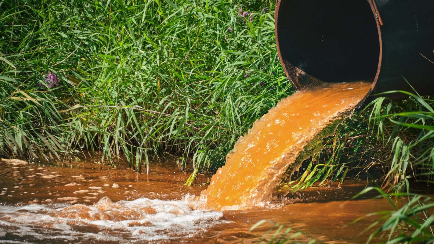 A pipe discharges orange water into a grassy area by a stream.