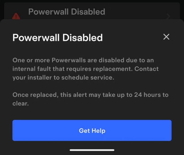An app screen showing a Powerwall has been disabled.