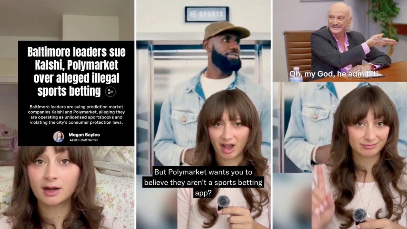 A woman speaks about sports betting with LeBron James in the background and another man in a meeting room.