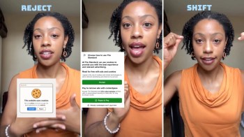 A woman explains cookie preferences with a prompt displayed on a screen.