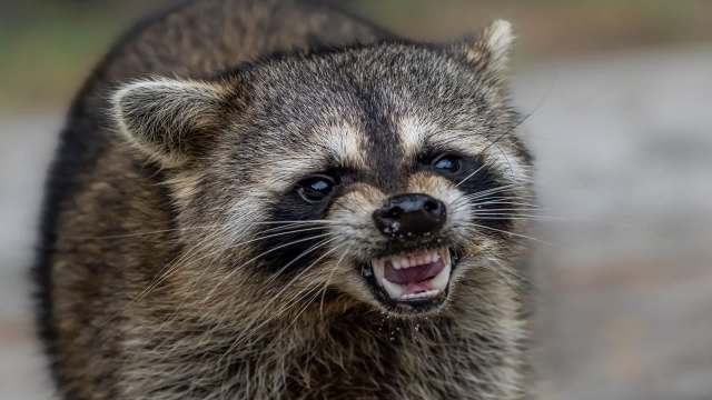 A raccoon showing its teeth and growling.