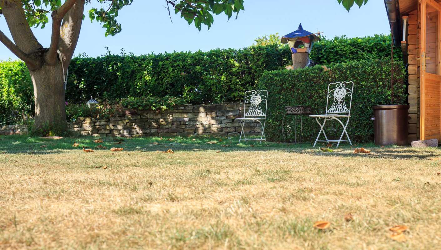 Two white metal chairs are placed on a dry lawn next to a stone wall and greenery, with a wooden structure nearby.