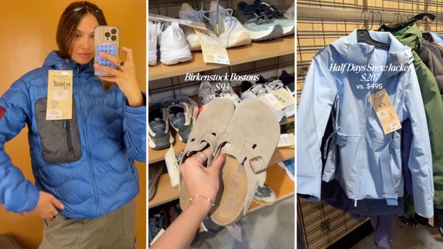 A woman in a blue puffer jacket poses in a store displaying footwear and a snow jacket with price tags.