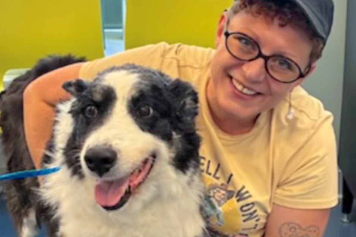 A woman sits with a dog in a brightly colored indoor space.