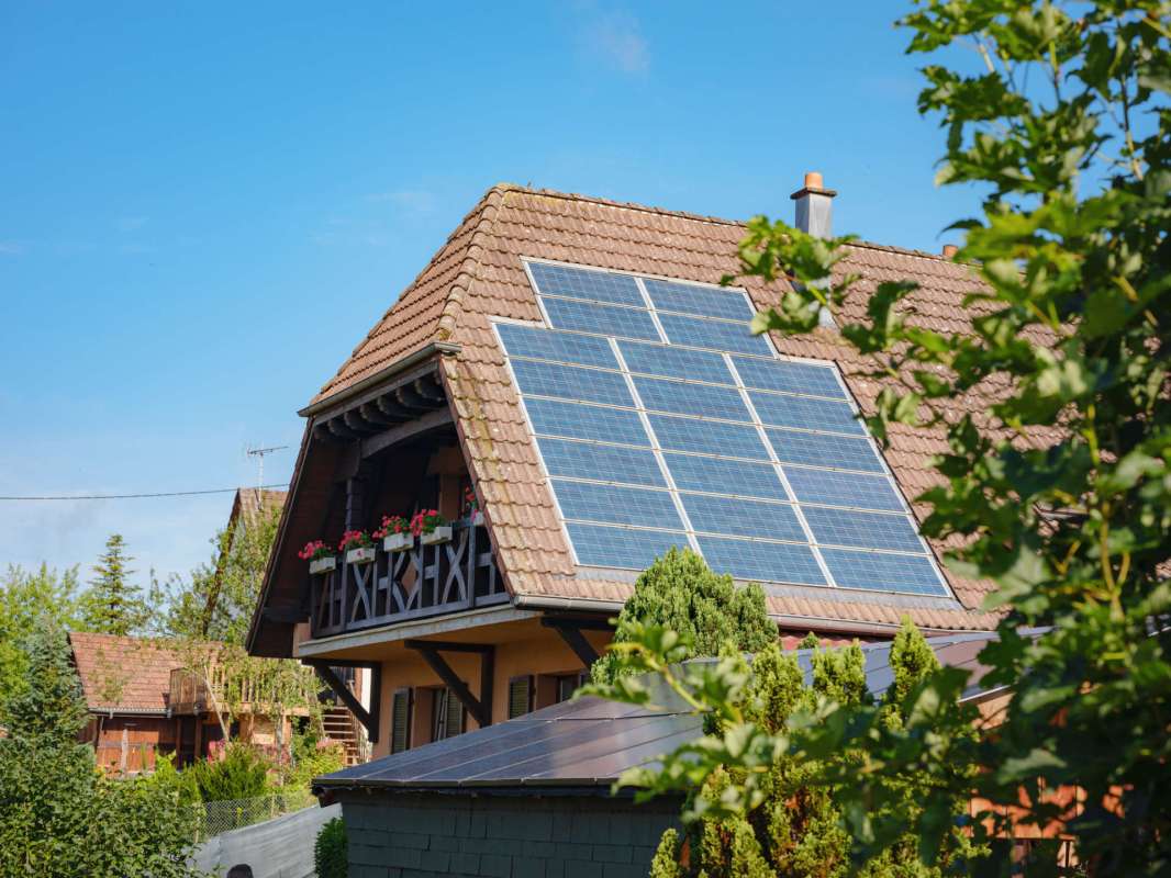 A house with solar panels on the roof surrounded by greenery.