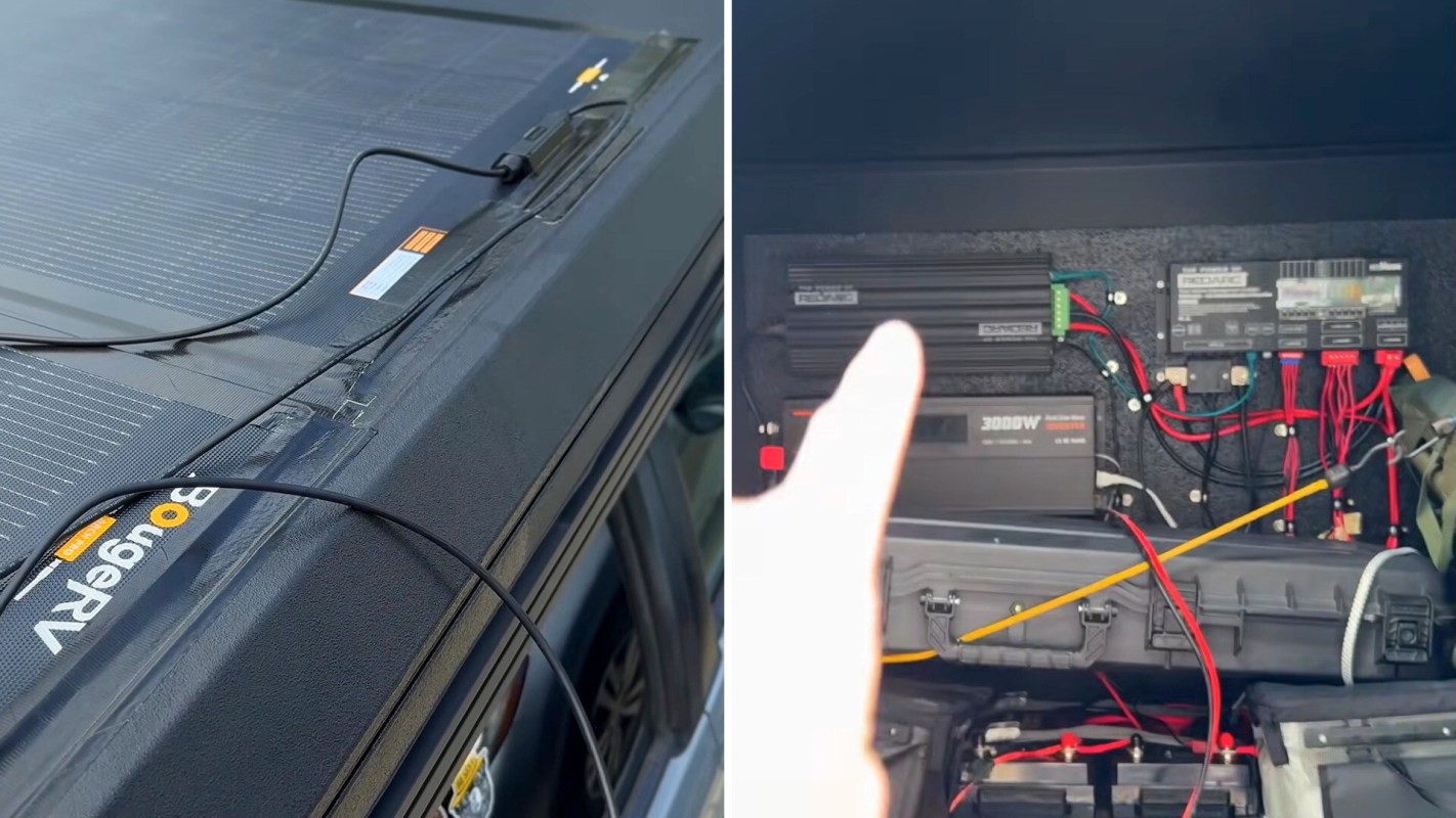 A solar panel connected to a battery management system inside a vehicle.