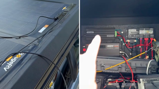 A solar panel connected to a battery management system inside a vehicle.