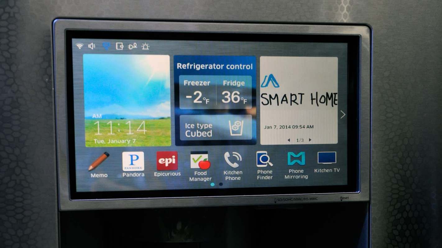 A touchscreen display showing refrigerator controls and various smart home applications.