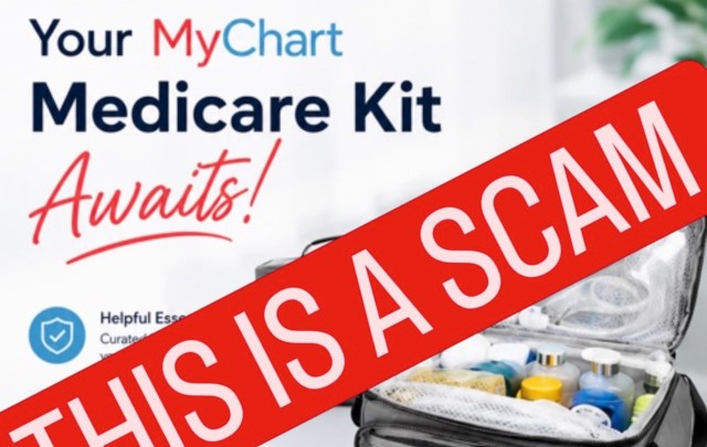 A promotional image for a Medicare kit labeled as a scam, featuring a bag with various hygiene items.