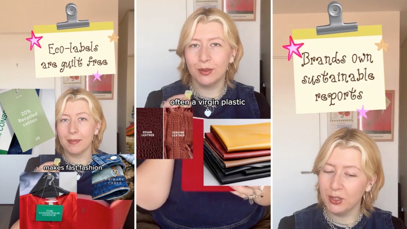A woman discusses eco-labels and sustainable fashion in a video presentation with various product images.
