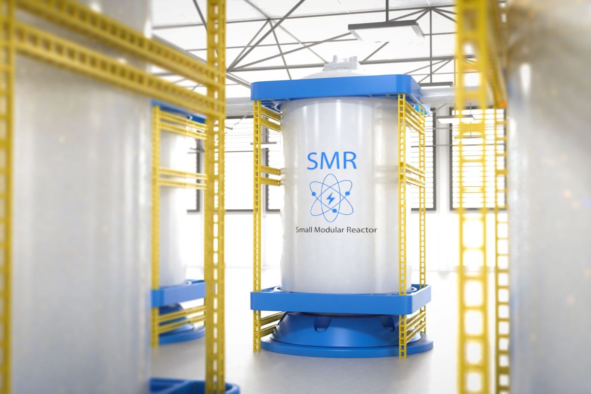 A small modular reactor depiction in a power plant factory