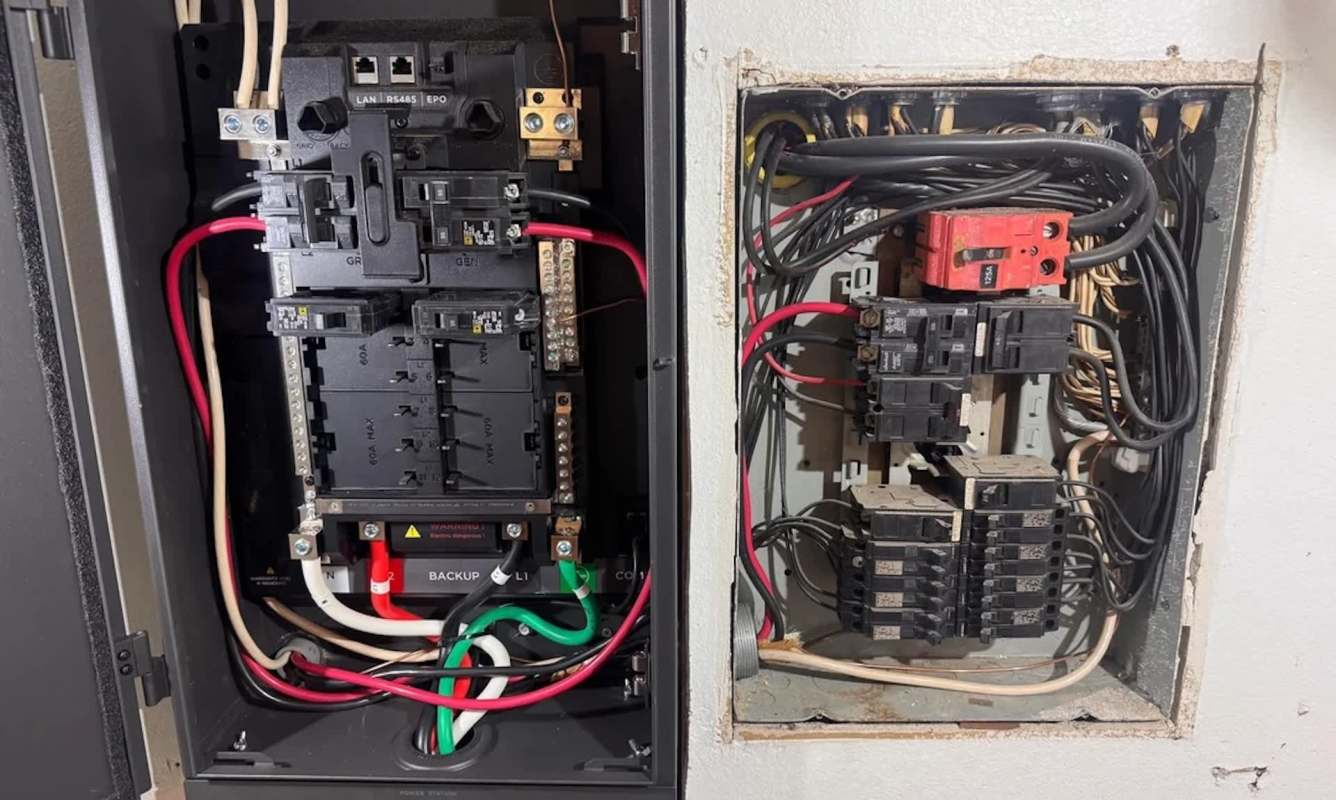 Two electrical panels showing circuit breakers and wiring, one larger and more modern, the other smaller and older.