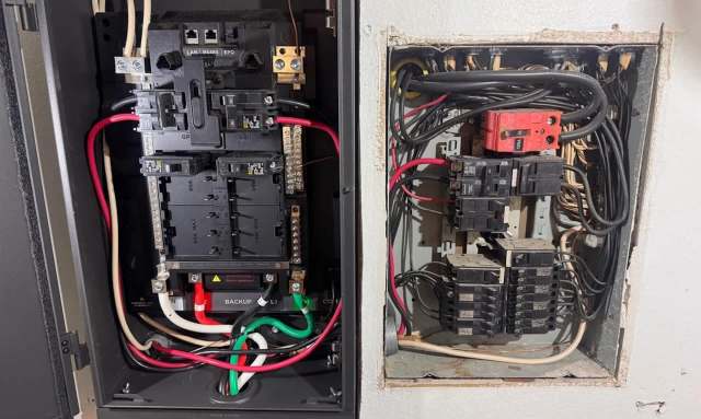 Two electrical panels showing circuit breakers and wiring, one larger and more modern, the other smaller and older.