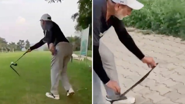 A person swings a golf club on a grassy area and gets ready to release a snake on a paved surface.