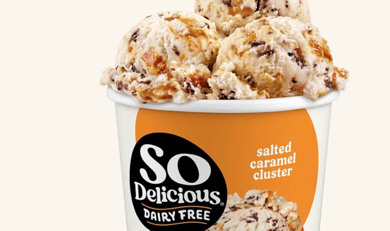 A container of So Delicious dairy-free ice cream with salted caramel and chocolate chunks.