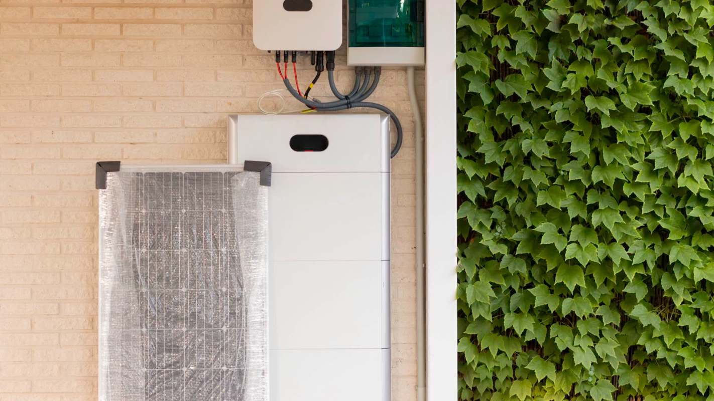 A solar panel and electrical equipment mounted on a wall beside green ivy.