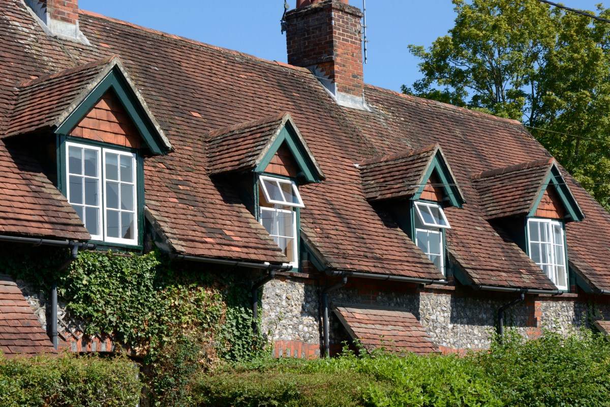 Brick and tile cottages in village of Wherwell in Hampshire, England.