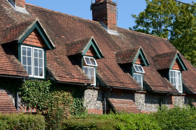 Brick and tile cottages in village of Wherwell in Hampshire, England.
